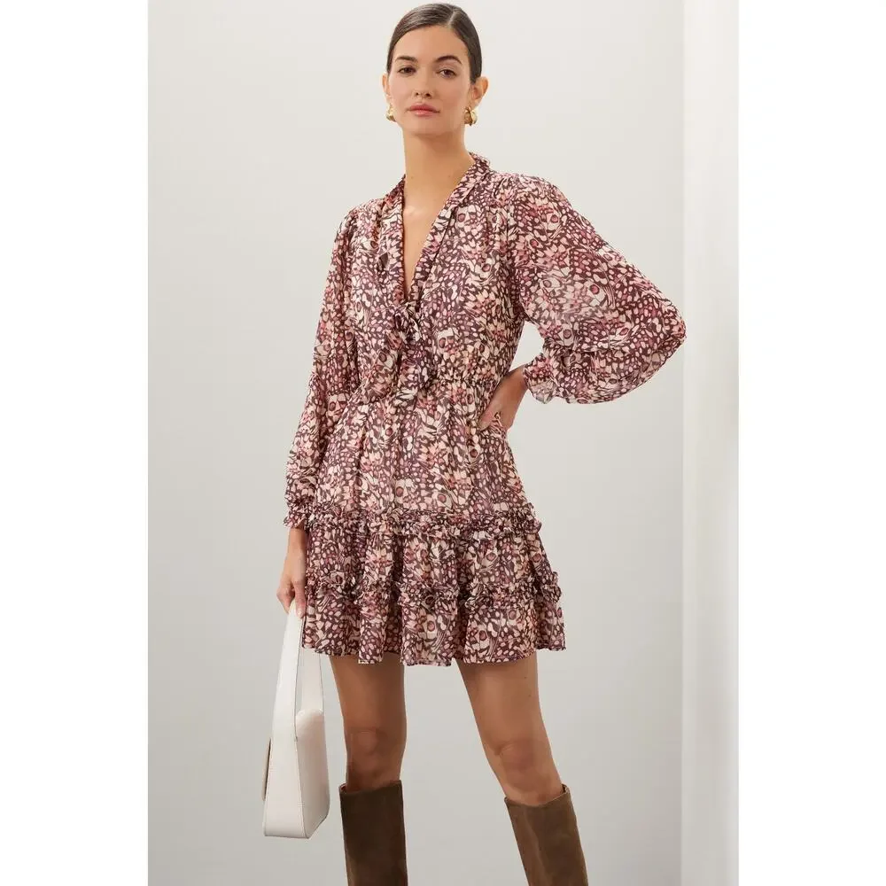 RACHEL PARCELL Animal Print Tie Neck Puff Sleeve Butterfly Mini Dress Size XS